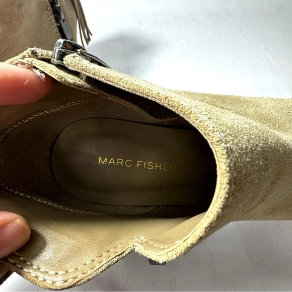 Women's Marc Fisher Taupe Suede Novice Peep Toe Ankle Bootie 8M Fringe Zipper - Picture 11 of 16